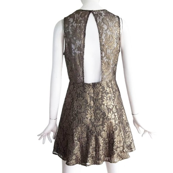IF BY SEA Gold Lace Overlay Black Mini Fit n Flare Dress w Cutout Back Sz M NWT - Picture 2 of 8